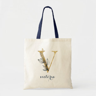 Tote Bag Lettre personnalisée "V" Floral Navy Blue Gold Lea