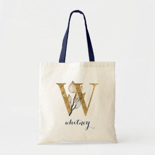 Tote Bag Lettre personnalisée "W" de la Marine Florale Bleu