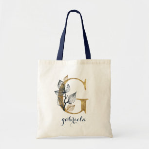 Tote Bag LETTRE PERSONNELLE "G" Bleue D'Or Floral Navy