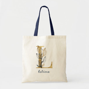 Tote Bag LETTRE PERSONNELLE "L" Bleue D'Or Floral Navy