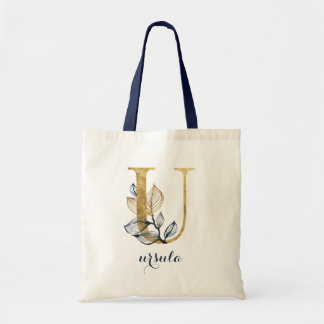 Tote Bag LETTRE PERSONNELLE "U" Bleue or de la Marine Flora