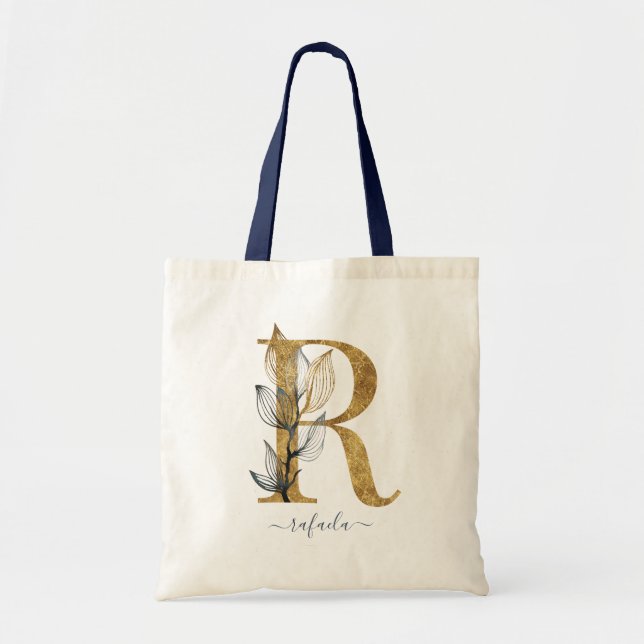 Tote Bag Lettre « R » en monogramme moderne feuille d'or bl (Devant)