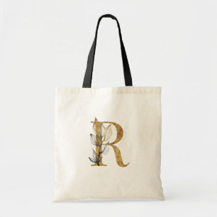 Tote Bag *~* Lettre R Monogramme or Feuille noir initial