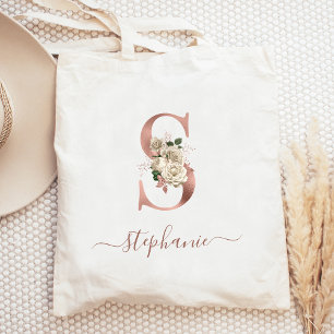 Tote Bag Lettre S Monogramme Or Rose Ivoire Floral