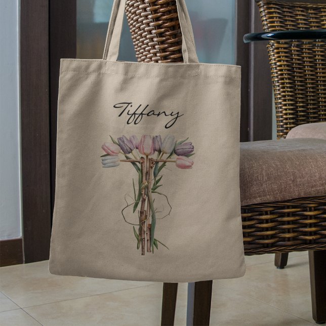 Tote Bag Lettre T Bouquet de Tulipes Monogramme Floral Nom  (Créateur téléchargé)