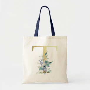 Tote Bag Lettre T Monogramme Doré Fleurs Aquarelle Bleue