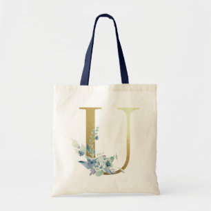 Tote Bag Lettre U à monogramme doré Fleurs aquarelles bleue