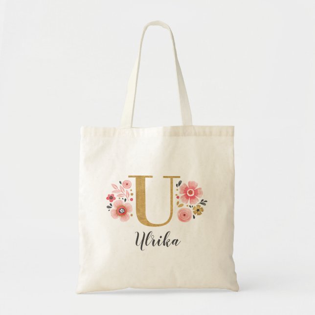 Tote Bag Lettre « U » à monogramme floral or rose (Devant)