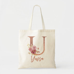 Tote Bag Lettre U Blush rose Parties scintillant Floral Mon