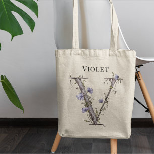 Tote Bag Lettre V florale de monogramme personnalisé Violet