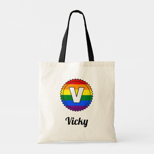 Tote Bag Lettre V Initial & Nom Gay pride Rainbow Monogramm (Dos)
