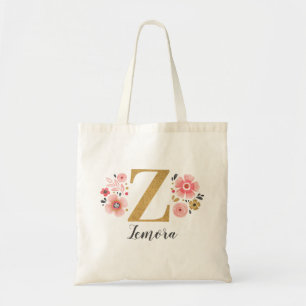 Tote Bag Lettre "Z" en monogramme floral or rose