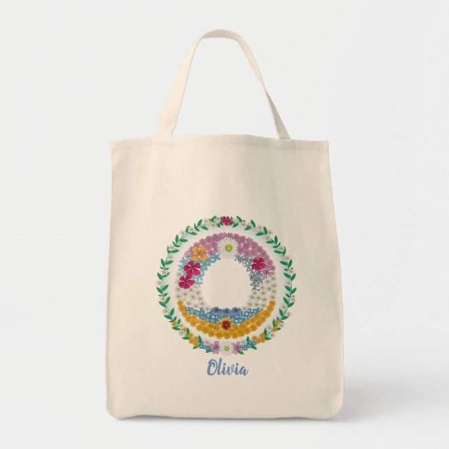 Tote Bag Lettres de fleurs "O" initiales avec nom personnal (Devant)