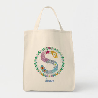 Tote Bag Lettres de fleurs "S" initiales avec nom personnal
