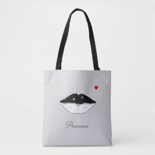 Tote Bag Lèvres noir et blanc élégants et calligraphie sur