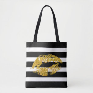 Tote Bag Lèvres Parties scintillant Or Et Blancs Noirs