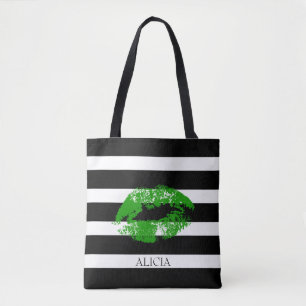 Tote Bag Lèvres Vertes Monogrammes Et Blancs Noirs