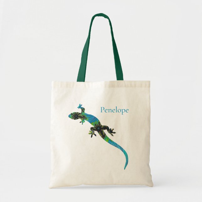 Tote Bag Lézard Fracté Bleu Vivid et Vert avec nom (Devant)