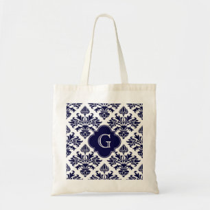 Tote Bag Lg Navy Bleu Blanc Damassé #3 Navy Quatrefoil Mono