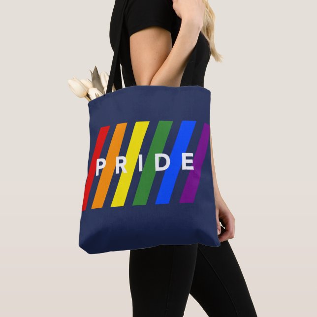 Tote Bag LGBTQ FIDE Diagonal Rainbow Stripes sur Navy Blue (De près)