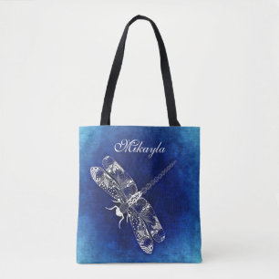 Tote Bag Libellule abstraite personnalisée sur le bleu