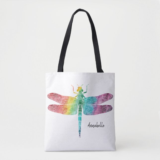 Tote Bag Libellule magnifique d'aquarelle d'arc-en-ciel (Devant)