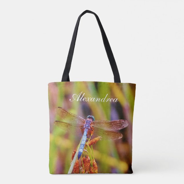 Tote Bag libellule turquoise rose pourpre avec nom (Dos)
