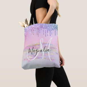 Tote Bag Licorne de Glam Rainbow Ombré Paillettes Rose Mono