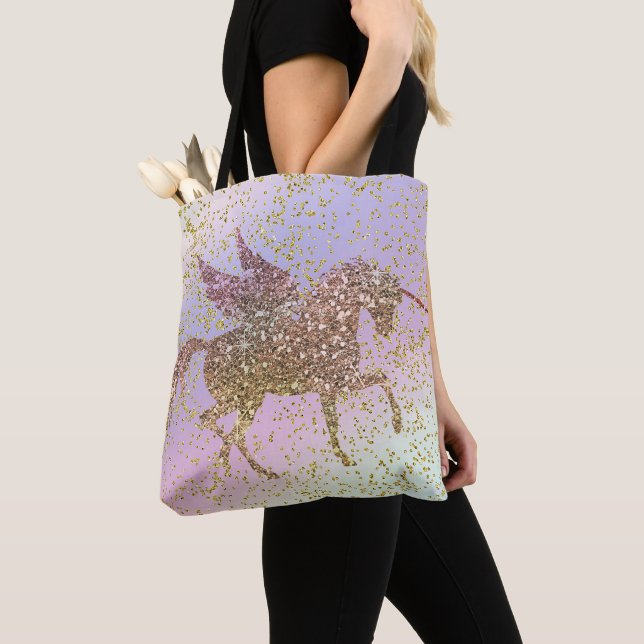 Tote Bag Licorne Paillettes Or Pastel Arc-en-Ciel Filles Br (De près)