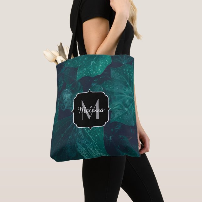 Tote Bag Lierre vert foncé feuille gouttes d'eau Monogram (De près)