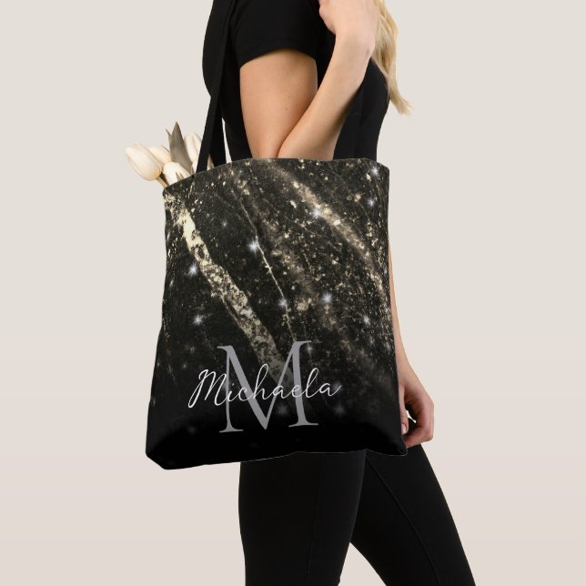 Tote Bag Ligne brillante or noir chic abstrait Monogramme (De près)