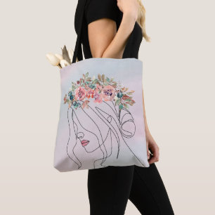 Tote Bag Ligne Florale Femme avec Couronne de Fleurs à l'Aq