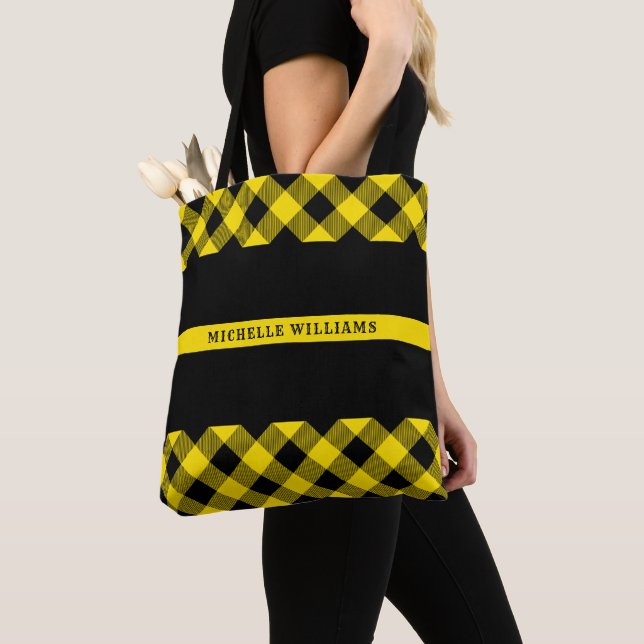 Tote Bag Ligne jaune mince monogramme de plaid de Buffalo (De près)