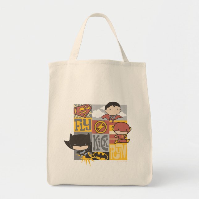 Tote Bag Ligue de justice de Chibi | Voler, Tirer, Exécuter (Devant)