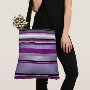 Tote Bag Lila Grau Schwarz-weißes Streifenmuster Tasche
