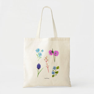 Tote Bag Lilac et fleurs sauvages bleus en aquarelle.