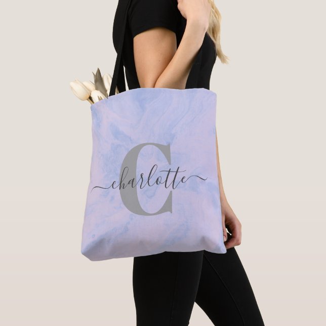 Tote Bag Lilac Lavender Marbre Élégant Nom du monogramme (De près)
