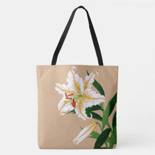 Tote Bag Liliy japonaise vintage. Blanc, vert et beige