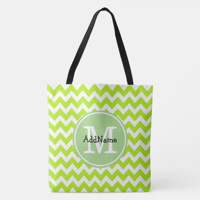 Tote Bag Lime Chevron, Monogramme Personnalisé Nom (Devant)