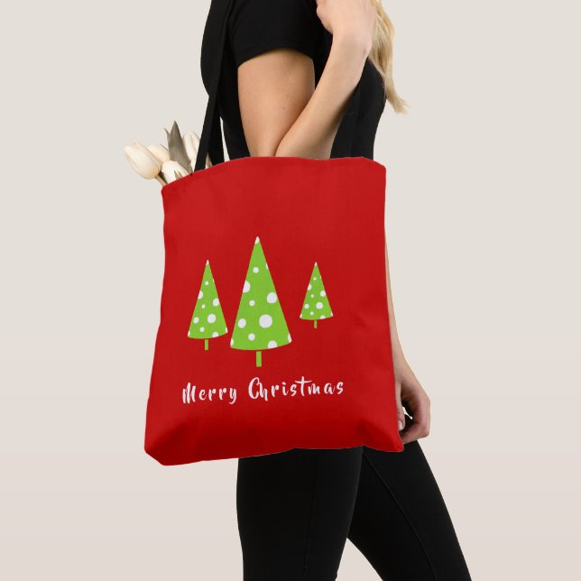Tote Bag Lime White Polka Dots Christmas Trees  (De près)