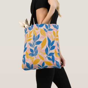 Tote Bag Lithographe Bleu, Jaune et rose Feuillage botaniqu