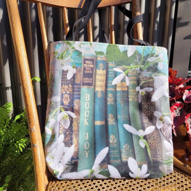 Tote Bag Livre Joy Vieux livres verts & Fleurs de printemps (Créateur téléchargé)