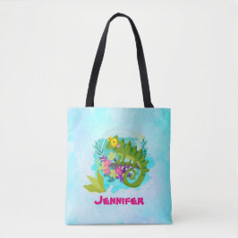 Tote Bag Lizard tropical aux fleurs sur bleu turquoise
