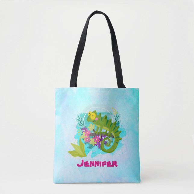 Tote Bag Lizard tropical aux fleurs sur bleu turquoise (Devant)