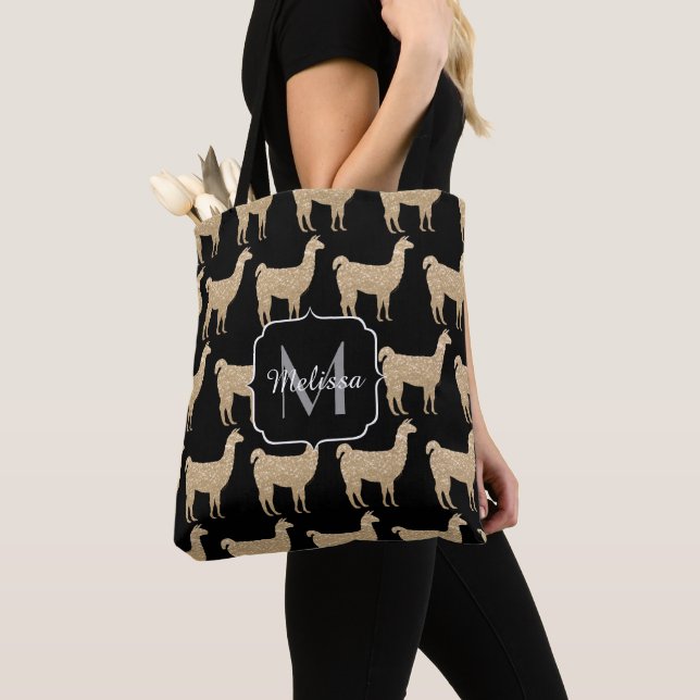 Tote Bag Llama Champagne Gold Sparkings motif Monogramme (De près)