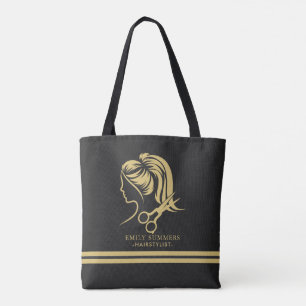 Tote Bag Logo styliste en cheveux or texte personnalisé
