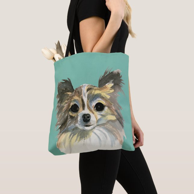 Tote Bag Long portrait d'aquarelle de chiwawa de cheveux (De près)