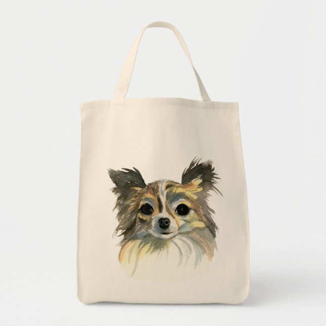 Tote Bag Long portrait d'aquarelle de chiwawa de cheveux (Devant)