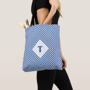 Tote Bag Losanges bleus rayonnants avec monogramme central