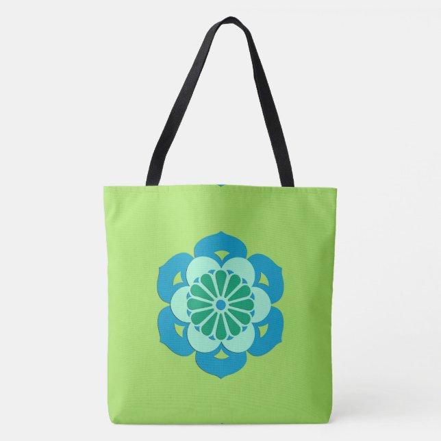 Tote Bag Lotus Flower Mandala, Lime Green et Bleu clair (Devant)